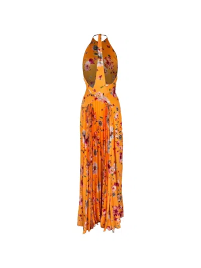 Pre-owned Galvan Floral-print Pleated Maxi Dress In Orange