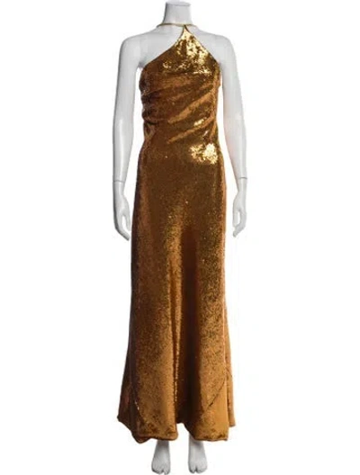 Pre-owned Galvan Halterneck Long Dress In Gold
