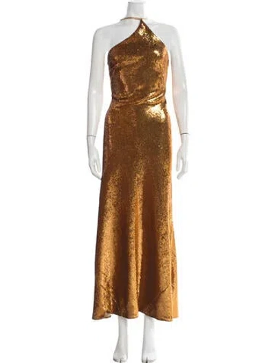 Pre-owned Galvan Halterneck Long Dress In Gold
