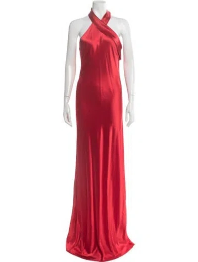 Pre-owned Galvan Halterneck Long Dress In Orange