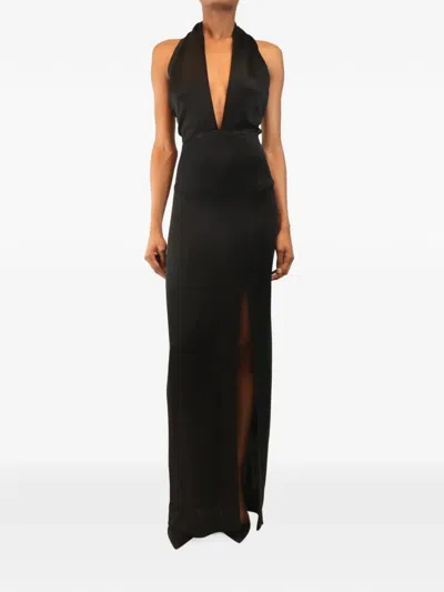 Pre-owned Galvan Halterneck Slit Maxi Dress In Black