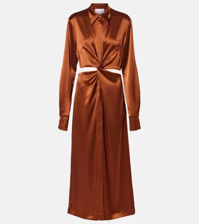 Galvan Hock Gathered Satin Midi Dress In Brown