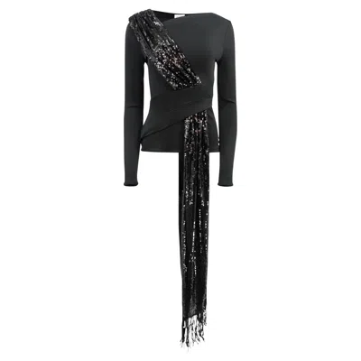 Pre-owned Galvan London Asymmetrical Black Fringed Sequin Sash Long Sleeved Jersey Top Nwt