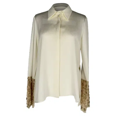 Pre-owned Galvan London Embellished Cuff Blouse In White Triacetate