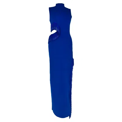 Pre-owned Galvan London Nova Beaded Fringed Cutout Maxi Dress In Blue Viscose