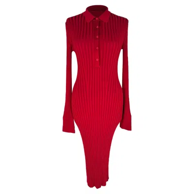 Pre-owned Galvan London Ribbed-knit Midi Dress In Red Viscose