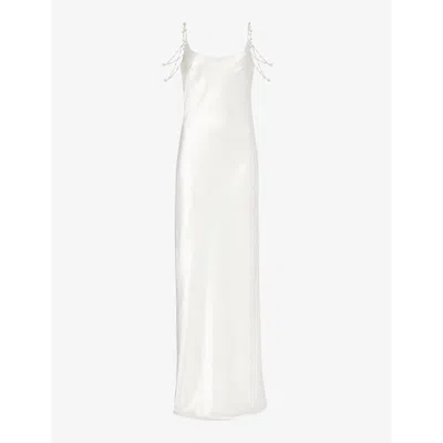 Galvan London Womens White Pearl-embellished Open-back Satin Maxi Dress