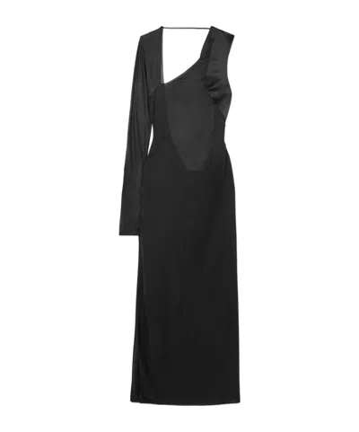 Galvan Modernist One-sleeve Satin And Stretch-tulle Midi Dress In Black