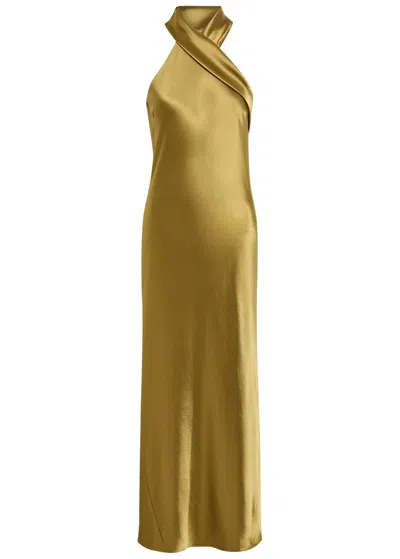 Galvan Pandora Cascading Satin Maxi Dress In Brown