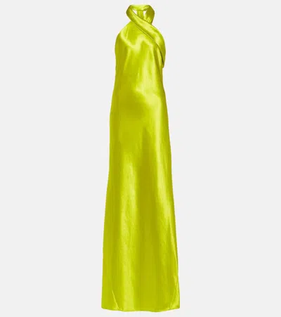 Galvan Pandora Halterneck Satin Maxi Dress In Yellow