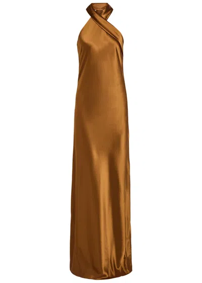 Galvan Pandora Scarf-neck Satin Gown In Brown
