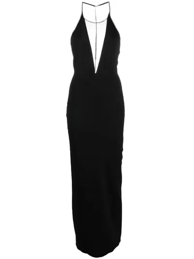 Galvan Plunge Sheer-panel Halterneck Gown In Schwarz