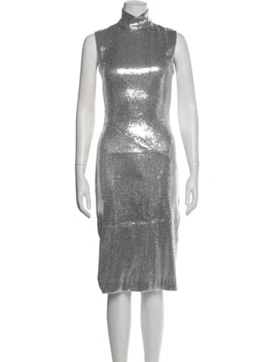 Pre-owned Galvan Printed Midi Length Dress In Silver