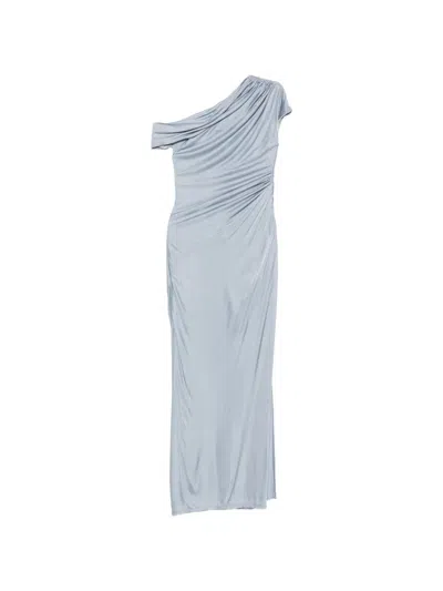 Galvan Womens Dove Blue Cascading Draped One-shoulder Woven Midi Dress In Multi