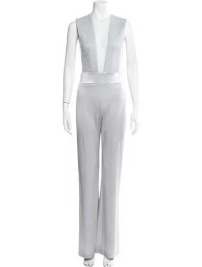 Pre-owned Galvan Satin Plunge Neckline Jumpsuit In Gray