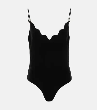 Galvan Scalloped Velvet Bodysuit In 001black