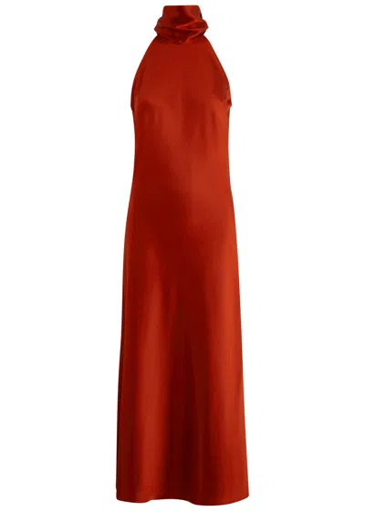 Galvan Sienna Halterneck Satin Midi Dress In Red