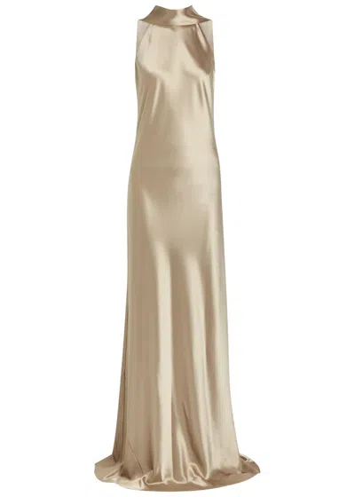 Galvan Sienna Scarf-neck Satin Gown In Gold