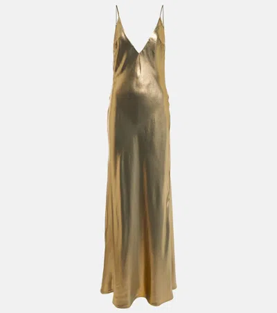 Galvan Ized Plunging Metallic Silk Slip Maxi Dress In Gold