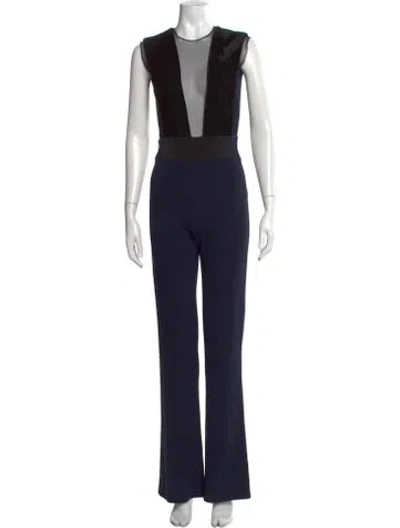 Pre-owned Galvan Velvet Plunge Neckline Jumpsuit In Blue