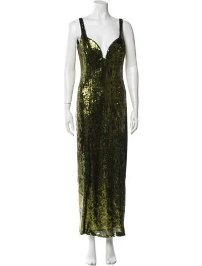 Pre-owned Galvan V-neck Long Dress In Green
