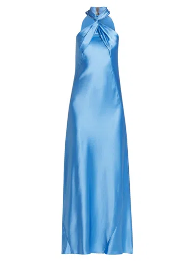 Galvan Portico Halterneck Satin Gown In Sky Blue