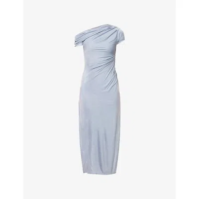 Galvan Womens Dove Blue Cascading Draped One-shoulder Woven Midi Dress In Multi