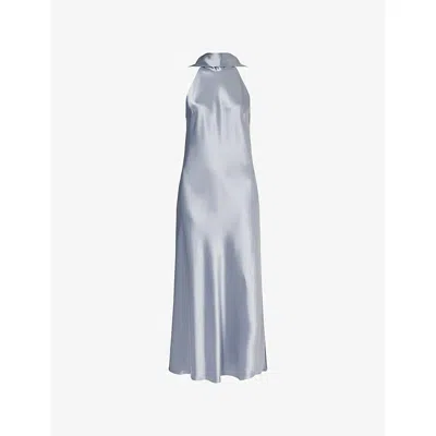 Galvan Womens Dove Blue Sienna Halterneck Satin Midi Dress