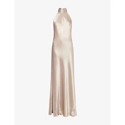 Galvan Womens Sand Sienna Halter-neck Satin Gown In Neutral