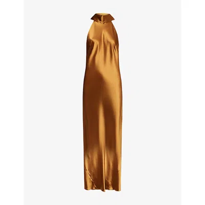 Galvan Womens Sienna Sash-tie Sleeveless Satin Gown Toffee In Brown