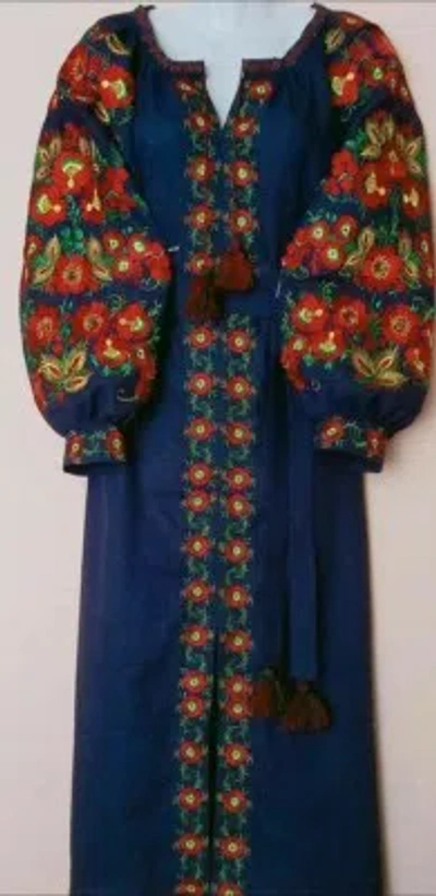 Pre-owned Galychanka Maxi Dress Boho Ukrainian Folk Ethnic Embroidery Vyshyvanka Wedding Xs-xxxxl In Blue