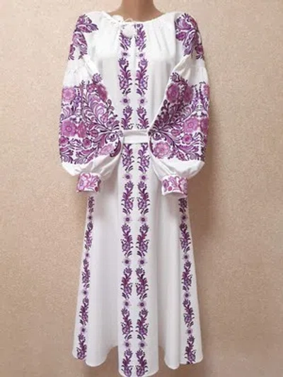 Pre-owned Galychanka Maxi Dress Boho Ukrainian Folk Ethnic Embroidery Vyshyvanka Wedding Xs-xxxxl In White