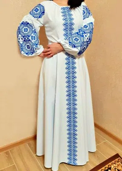 Pre-owned Galychanka Maxi Dress Boho Ukrainian Folk Ethnic Embroidery Vyshyvanka Wedding Xs-xxxxl In White