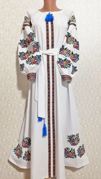Pre-owned Galychanka Maxi Dress Boho Ukrainian Folk Ethnic Embroidery Vyshyvanka Wedding Xs-xxxxl In White