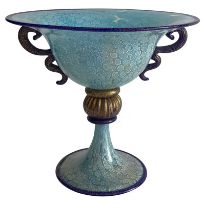 Pre-owned Gambaro & Poggi Murano  Blown Glass Blue Millefiori Footed Bowl