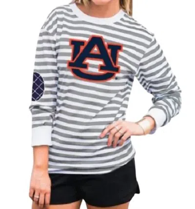 Gameday Couture Auburn University Striped Elbow Patch Tee In White/grey In Multi