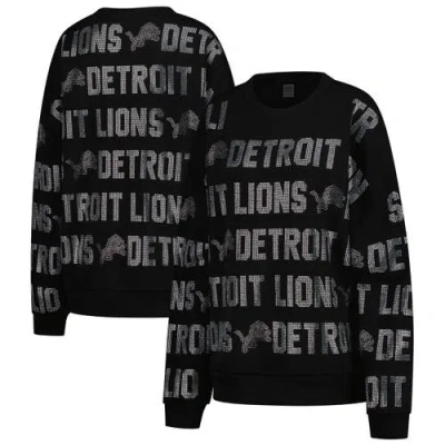 Gameday Couture Black Detroit Lions Oversized Hype Era Rhinestone Text Sweatshirt