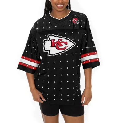 Gameday Couture Women's Black Kansas City Chiefs Kickoff Time Allover Rhinestone Sports Stripe Jersey V-neck T-shirt