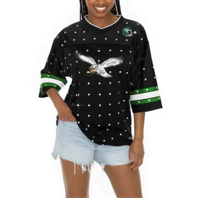 Gameday Couture Black Philadelphia Eagles Kickoff Time Allover Rhinestone Sports Stripe Jersey V-nec In Black,kelly Green