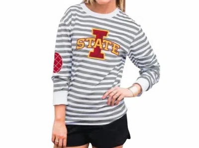 Gameday Couture Iowa State University Striped Elbow Patch Tee In White/grey In Multi