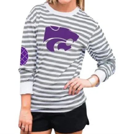 Gameday Couture Kansas State University Striped Elbow Patch Tee In White/grey In Multi