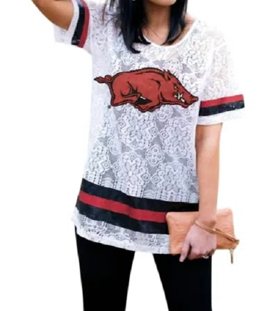Gameday Couture University Of Arkansas Logo Lace Jersey In White