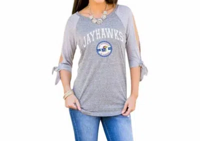 GAMEDAY COUTURE UNIVERSITY OF KANSAS PLAYING FOR KEEPS TOP IN GREY