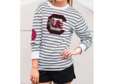 Gameday Couture University Of South Carolina Striped Elbow Patch Tee In White/grey In Multi