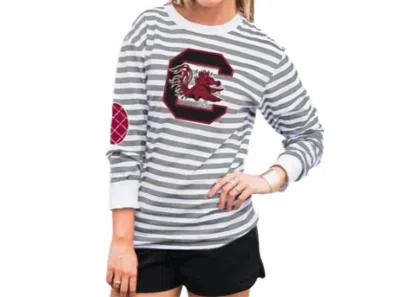 Gameday Couture University Of South Carolina Striped Elbow Patch Tee In White/grey In Multi