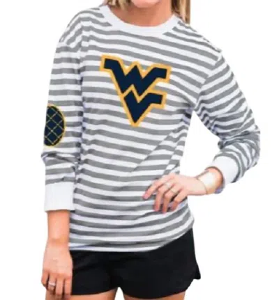Gameday Couture West Virginia University Striped Elbow Patch Tee In White/grey In Multi