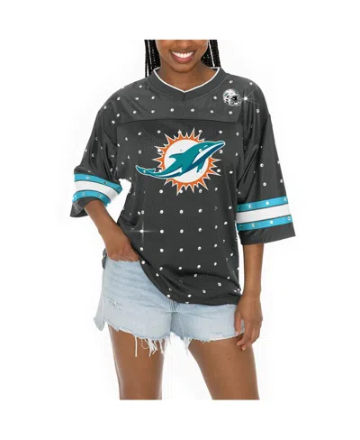 Gameday Couture Women's Anthracite Miami Dolphins Kickoff Time Allover Rhinestone Sports Stripe Jersey V-neck T-shir
