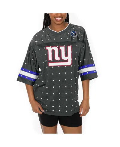 Gameday Couture Women's Anthracite New York Giants Kickoff Time Allover Rhinestone Sports Stripe Jersey V-neck T-shi