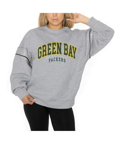 Gameday Couture Women's Ash Green Bay Packers Rhinestone Drop Shoulder Oversized Fleece Pullover Sweatshirt In Gray