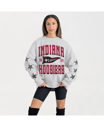 Gameday Couture Women's Ash Indiana Hoosiers Oversized Pennant Pride Rhinestone Star Sleeve Sweatshirt In Gray